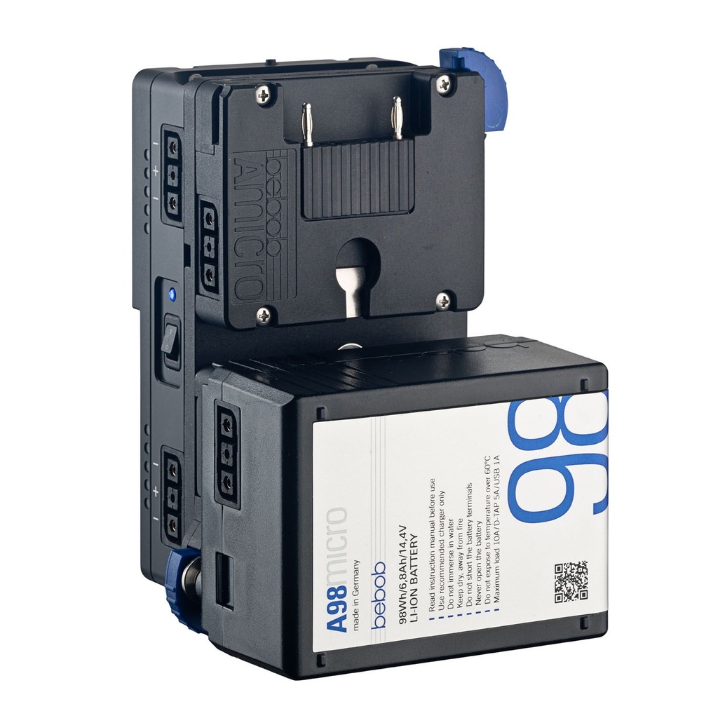 Bebob Coco-A2Vmicro2 Double Amicro  (Gold-Mount compatible) Plate to V-Mount (camera-side) 
with hotswap, charging function, multiple connectors